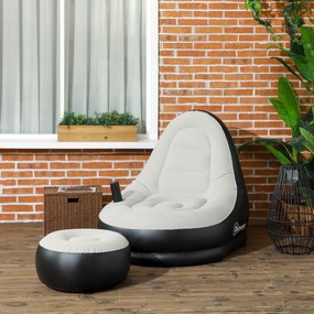 Sofá insuflável com apoio para os pés (bomba não incluída), tecido com aspeto de peluche macio e suporte para copos, cinzento