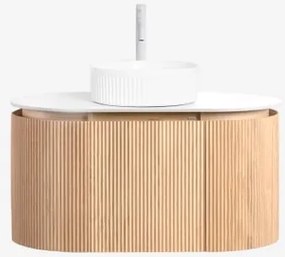 Conjunto De Móvel De Casa De Banho Suspenso 90x50 Cm Em Madeira Carsone Madeira Natural & Sem Unidade Auxiliar & Cerâmica Redonda - Sklum
