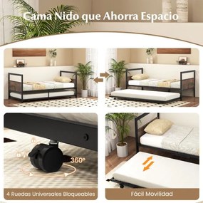 Cama de solteiro de metal 90 x 200 CM com cabeceira e estribo Pernas dobráveis Estrutura de cama com ripas de metal Castanho