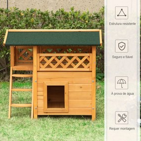 Casa para Gatos de Madeira 77x50x73cm Casa para Gatos com 2 Níveis com Teto Asfáltico Terraço Cercado Caverna Madeira Natural