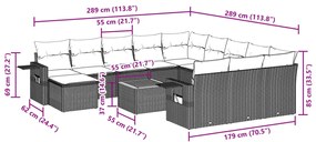 13 pcs conjunto sofás p/ jardim c/ almofadões vime PE cinzento