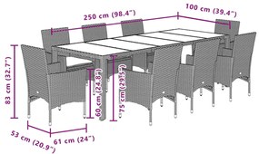 9 pcs conjunto jantar jardim c/ almofadões vime PE/vidro preto