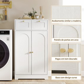 Armário de Casa de Banho Estreito com 2 Gavetas Prateleira Aberta e Porta com Painel Arqueado 60x30x108 cm Branco Texturizado