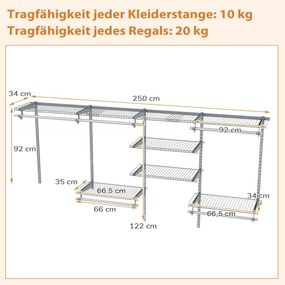 Armário aberto para roupa 122 - 244 cm Cabide de parede extensível Sistema de armazenamento DIY Cinza