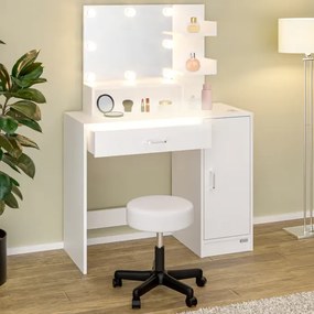 Toucador de maquilhagem Jocelyn 140x90x40cm, com iluminação LED e banco com rodas branco