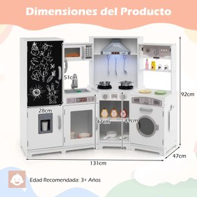Cozinha de brinquedo de madeira com luzes e sons com quadro negro e acessórios de cozinha para crianças 131 x 47 x 92 cm branco