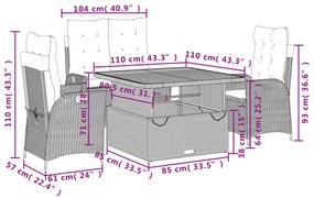 4 pcs conjunto de jantar p/ jardim c/ almofadões vime PE bege