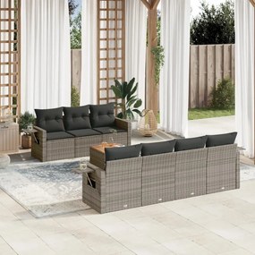 8 pcs conjunto sofás de jardim c/ almofadões vime PE cinzento