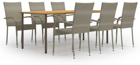vidaXL 7 pcs conjunto de jantar para jardim vime PE cinzento