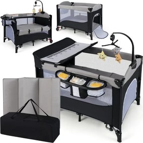 Berço 6 em 1 com mesa para trocar fraldas, colchão e bolsa de transporte para bebés desde o nascimento até 15 kg 110 x 76 x 76 cm Bordas cinza claro
