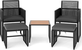 Conjunto de móveis de jardim em rattan PE de 5 peças com pufes, almofadas e mesa de café em madeira acácia cinzento
