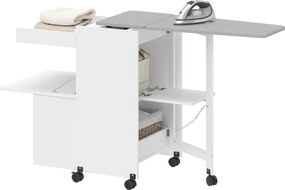 Móvel de engomar, 154 (L) x 55 (P) x 87 (A) cm dobrável com rodas, com portas de abertura por pressão e dobradiças com fecho suave, branco