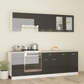 vidaXL 8 pcs conj. armários cozinha c/ bancada aglom. cinza brilhante