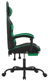 Cadeira gaming giratória c/ apoio pés couro artif. preto/verde