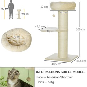 Arranhador para gatos com arranhador de sisal natural, 2 plataformas, cesto de observação, brinquedo com bola suspensa e peluche bege