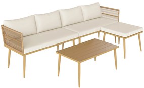 Outsunny Conjunto Jardim Vime Sintético 4 Peças Sofás 2 Lugares Mesa Centro Apoio Pés Confortável Madeira Creme | Aosom Portugal