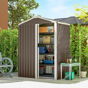 Abrigo de Jardim Metálico 136x87x179 cm Abrigo para Ferramentas com Porta de Correr Teto Inclinado e Luvas Castanho