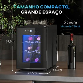 Cave de Vinho para 6 Garrafas com Luz LED Ecrã Tátil Controlo de Temperatura e 2 Prateleiras Ajustáveis 26,5x51,5x39,3 cm Preto