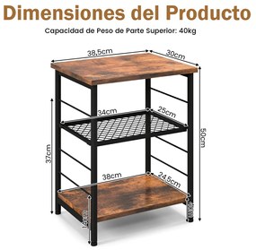 Mesa apoio industrial de 3 níveis, estrutura metálica, mesa de madeira, mesa lateral para quarto e sala, 38,5 x 30 x 50 cm Castanho Rústico
