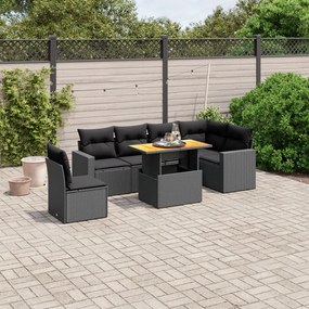 7 pcs conjunto de sofás p/ jardim c/ almofadões vime PE preto
