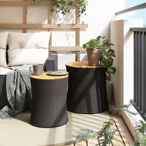Mesas de apoio p/ jardim c/ tampo de madeira 2pcs vime PE preto