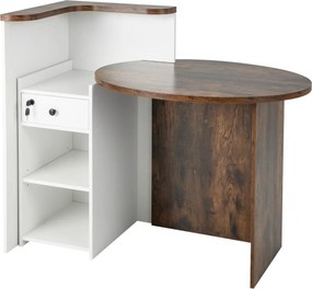 Balcão de recepção ovalada 120 x 70 x 100 cm, gaveta com fechadura e prateleira ajustável para escritório ou comércio, castanho rústico e branco