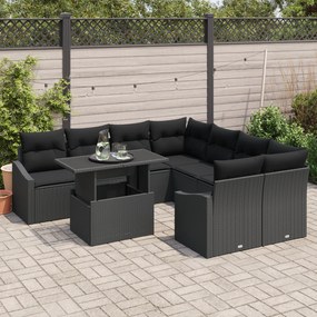 Conjunto de Sofá de Jardim com 9 Peças e Almofadas em Rattan Preto