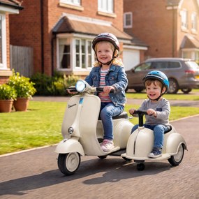 Mota Elétrica Infantil 6V VESPA com 2 Assentos Arranque Suave Luz Música USB e Arrumação Creme