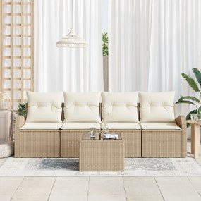 Conjunto de Sofá de Jardim de 5 Peças com Almofadas Bege Vime Sintétic