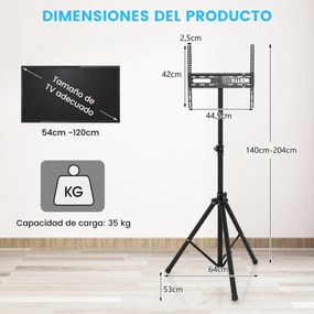 Suporte de TV dobrável para ecrãs de 21-47 polegadas Tripé com altura ajustável Carga 35 kg Suporte triangular para televisores Preto