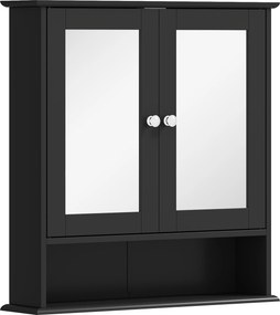 kleankin Armário de Casa de Banho com Espelho Armário de Parede com 2 Portas Prateleira Aberta e Ajustável 56x13x58cm Preto | Aosom Portugal