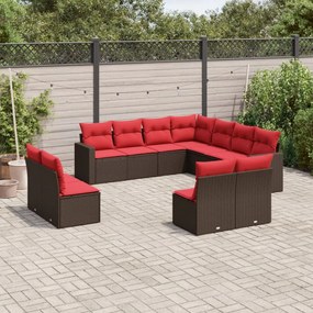 vidaXL 11 pcs conjunto sofás de jardim c/ almofadões vime PE castanho