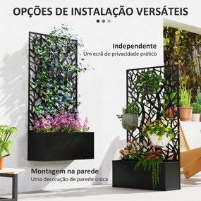 Floreira de Metal com Ecrã de Privacidade com Ramos Decorativos Floreira de Parede ou Independente  61x23x113 cm Preto