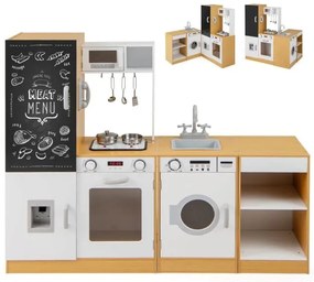 Brinquedo de cozinha para crianças ao ar livre com fornos de lousa, torneiras, fornos, acessórios de cozinha, prateleiras para 3+ crianças, natural