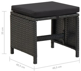 Bancos de jardim 4 pcs com almofadões vime PE preto