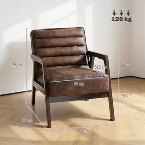 Poltrona Vintage Estofada em Couro Sintético com Almofada Espessa Estrutura em Madeira Maciça 64x79,5x80 cm Castanho
