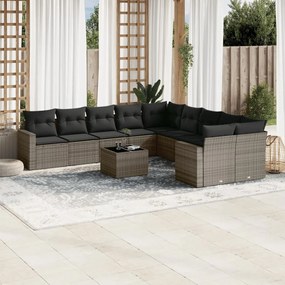 11 pcs conjunto sofás de jardim c/ almofadões vime PE cinzento