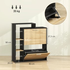 Sapateira com capacidade para 8 pares 80 x 26 x 90 cm, estreita com 2 gavetas rebatíveis, 3 compartimentos abertos, preto, efeito madeira natural
