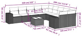 11 pcs conjunto sofás de jardim c/ almofadões vime PE bege