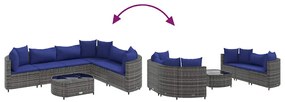 7 pcs conjunto sofás p/ jardim c/ almofadões vime PE cinzento