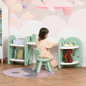 HOMCOM Conjunto de Mesa e Cadeira Infantil 2 em 1 com Prateleira Conjunto de Mesa e Cadeira para Crianças com 4 Prateleiras de Armazenamento para Livros Brinquedo 150x35x62,5cm Verde e Branco