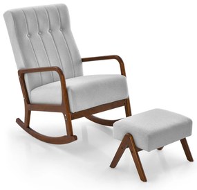 Cadeira de baloiço com pufe estofada em tecido com estrutura em madeira maciça de borracha ealmofadada Cinzenta