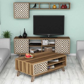Conjunto de Mobiliário de Sala de Estar Inci – Nogueira e Branco – Div