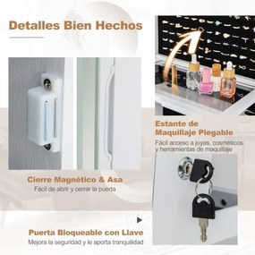 Armário para jóias com espelho de maquilhagem Base rotativa de 360° Armário para jóias com luzes LED Estante dobrável com fecho Branco