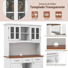 Armário de cozinha com vidro temperado com suporte para garrafas de vinho Estantes ajustáveis 106 x 41,5 x 184,5 cm Branco
