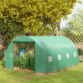 Estufa de jardim 4 x 4 x 2 m tipo túnel, 12 m², aço reforçado + PE de alta densidade 140 g/m², 8 janelas, porta enrolável, verde