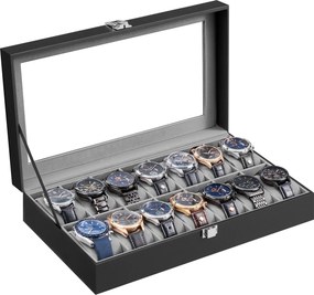 Caixa para relógios em couro PU 34,8 x 20 x 7,5 cm com tampa de vidro e 14 compartimentos Preto