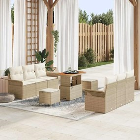 Conjunto de Sofá para Jardim de 9 Peças com Almofadas Bege Rattan Acácia