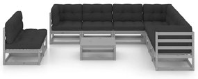 10pcs conjunto lounge de jardim + almofadões pinho maciço cinza