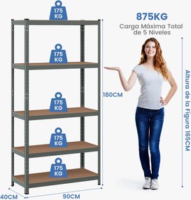 Estante de armazenamento 5 prateleiras (1 unidade) Carga até 875 kg Estantes de aço ajustáveis em altura para garagem Oficina 90x40,5x180,5cm Cinzenta